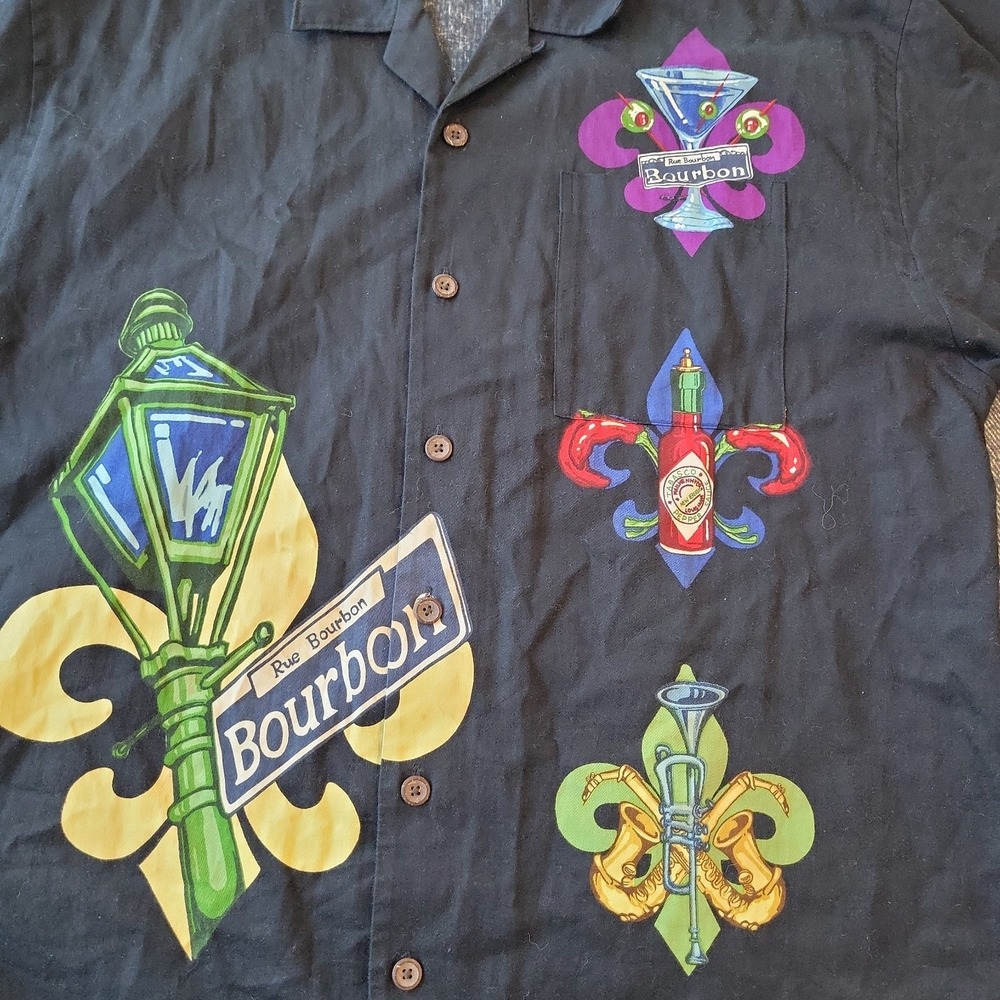 VTG Tabasco Shirt Men's XL Black New Orleans Mardi Gras All Over Print Button Up